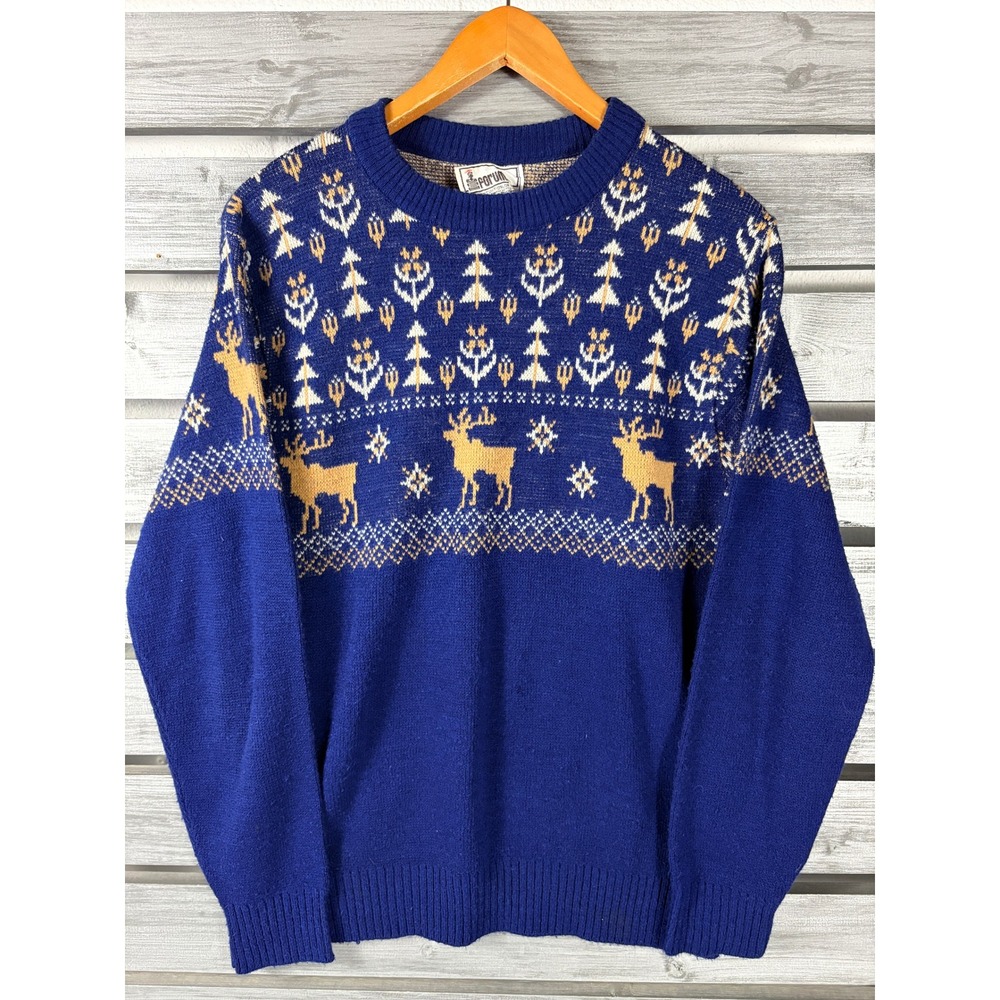 Vintage Forum Blue Fair Isle Reindeer Knit Ski Sweater Mens L/M 70s
